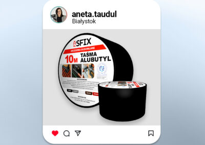 Prezentacja realizacji projektu etykiety i wizualizacji 3D taśmy SFIX na Instagramie – portfolio Anety Taudul, grafik i wizualizacje produktowe Białystok.