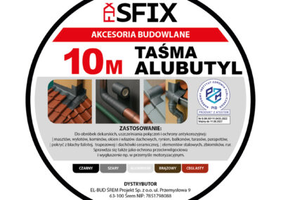 Projekt etykiety taśmy alubutylowej SFIX przygotowany w Adobe Illustrator – projektowanie etykiet Białystok, realizacja Anety Taudul.